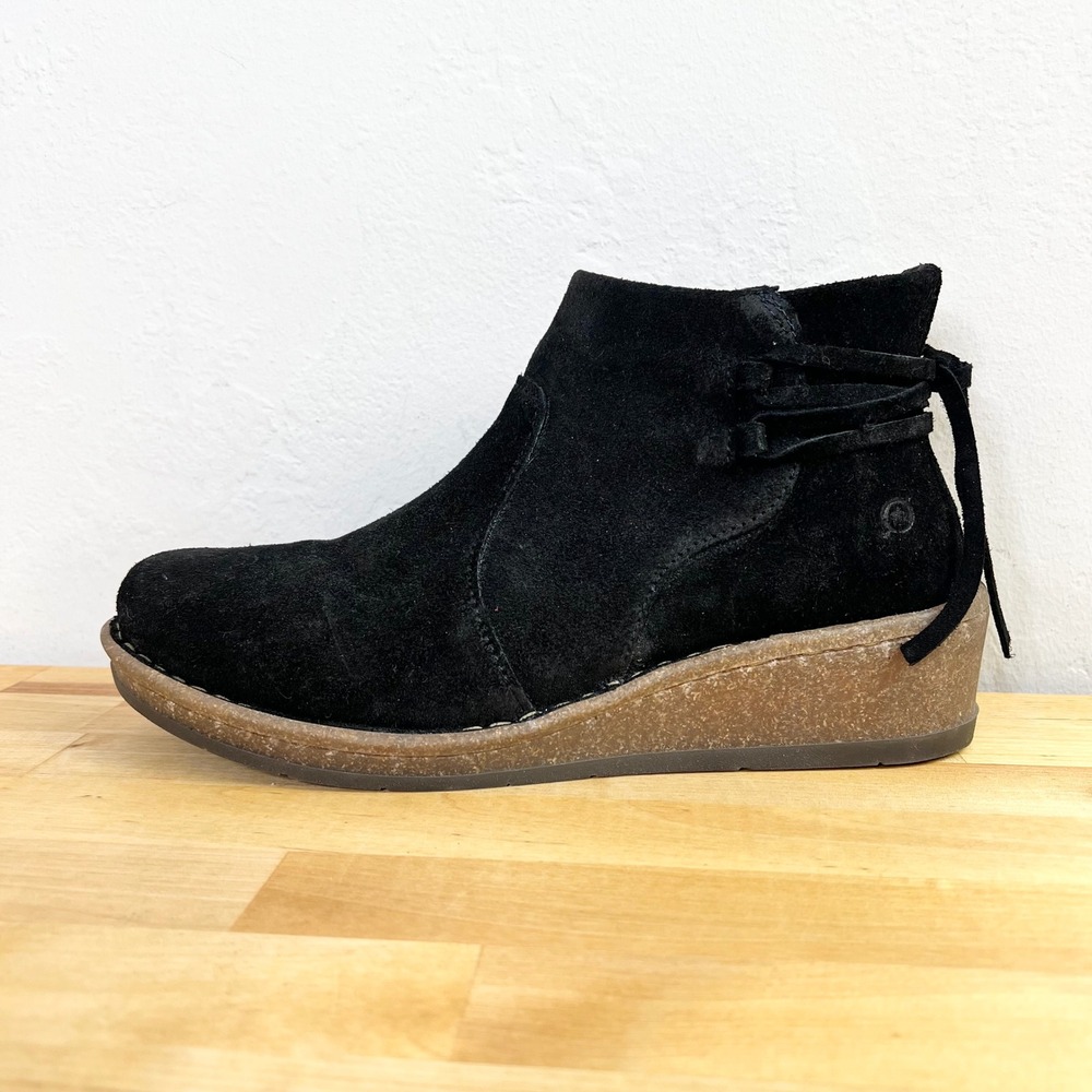 Born Ankle Boots Viana Bootie Suede Black Leather Wedge Zip Tie Back‎ Size 10